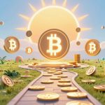 Crypto trading roadmap with ascending digital icons and a sun.